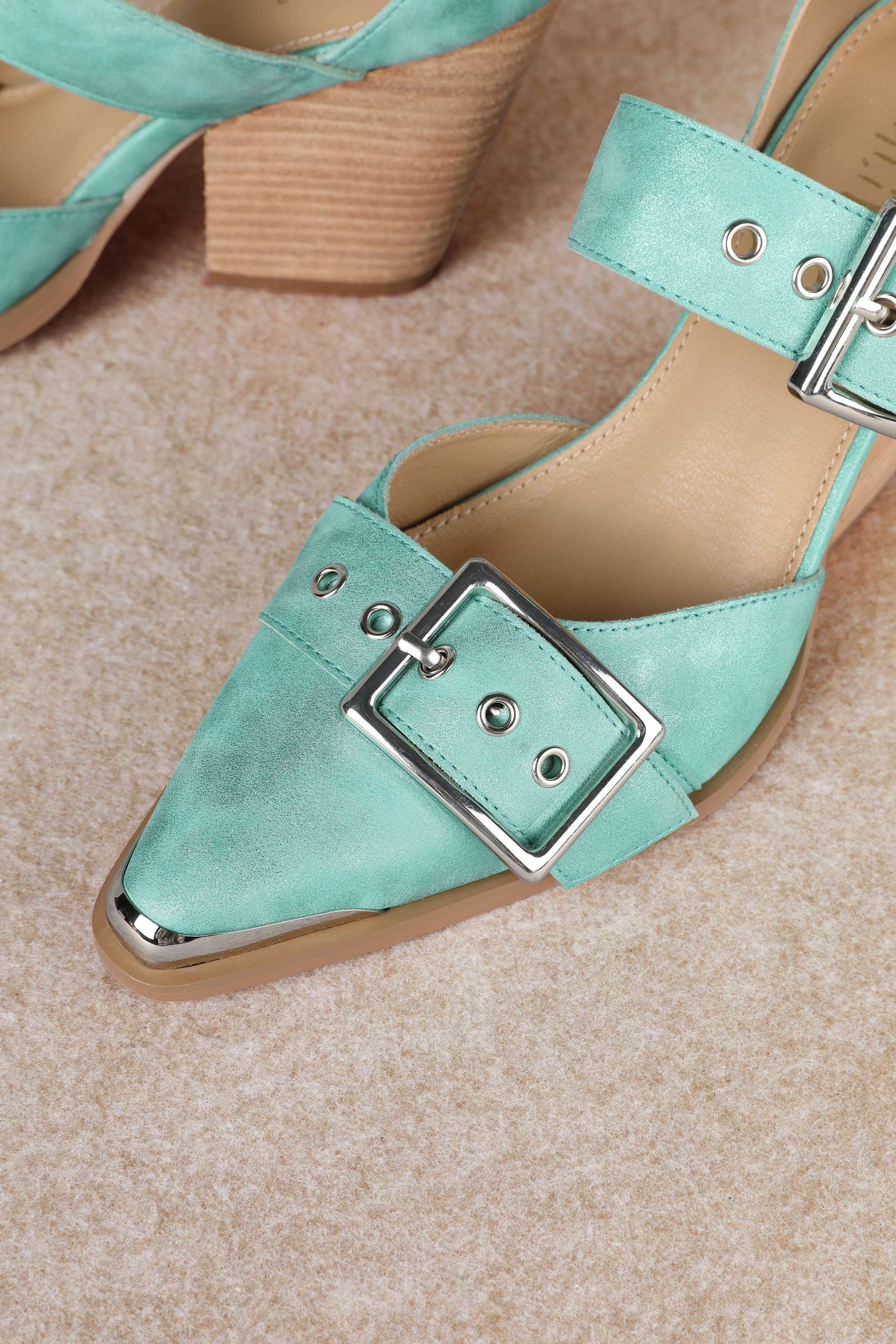 HENDRIX TRIPLE BELT STRAP POINTED TOE BLOCK HEELS