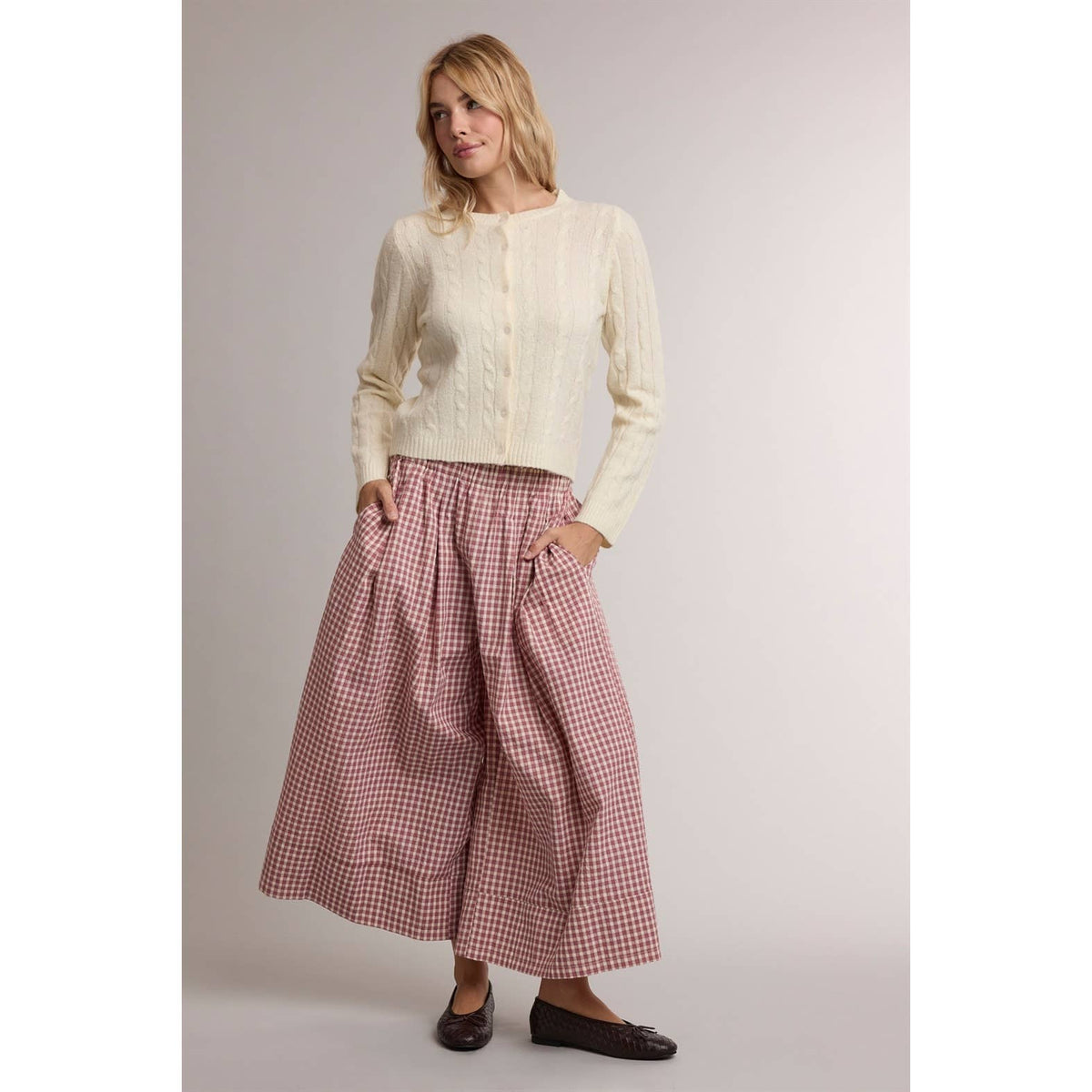 GINGHAM WIDE LEG PULL ON PANTS in Red Bean and Oatmeal