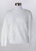 White Knit Pullover Sweater with Embroidery Flowers