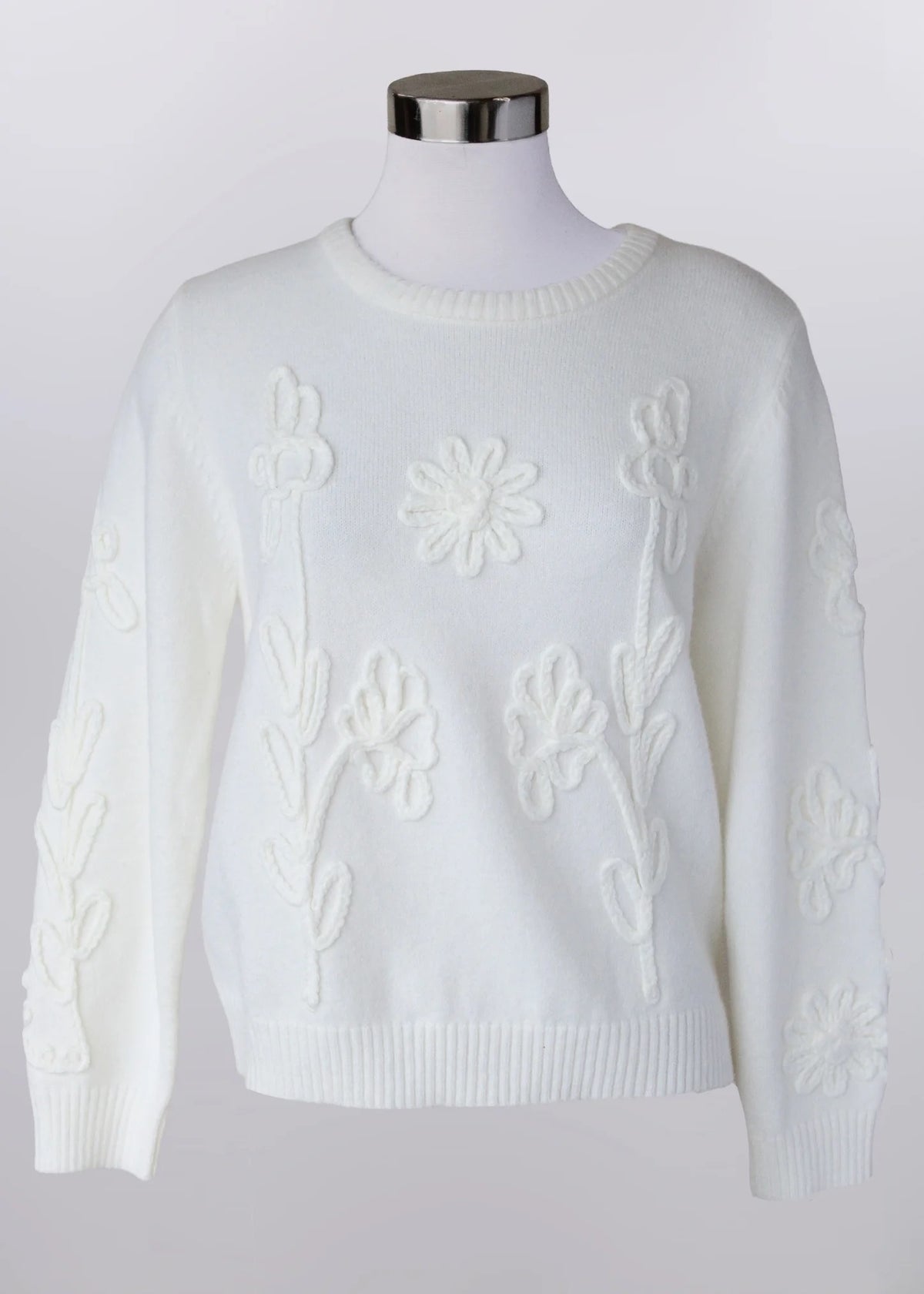 White Knit Pullover Sweater with Embroidery Flowers