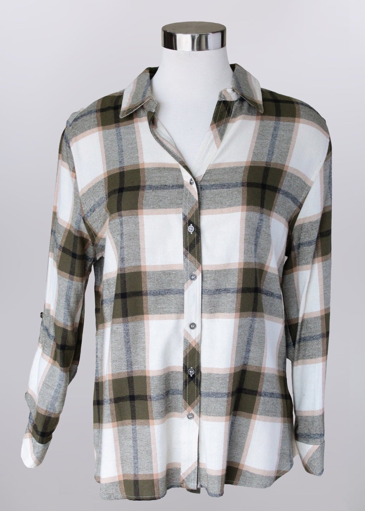Green and White Plaid Flannel Shirt