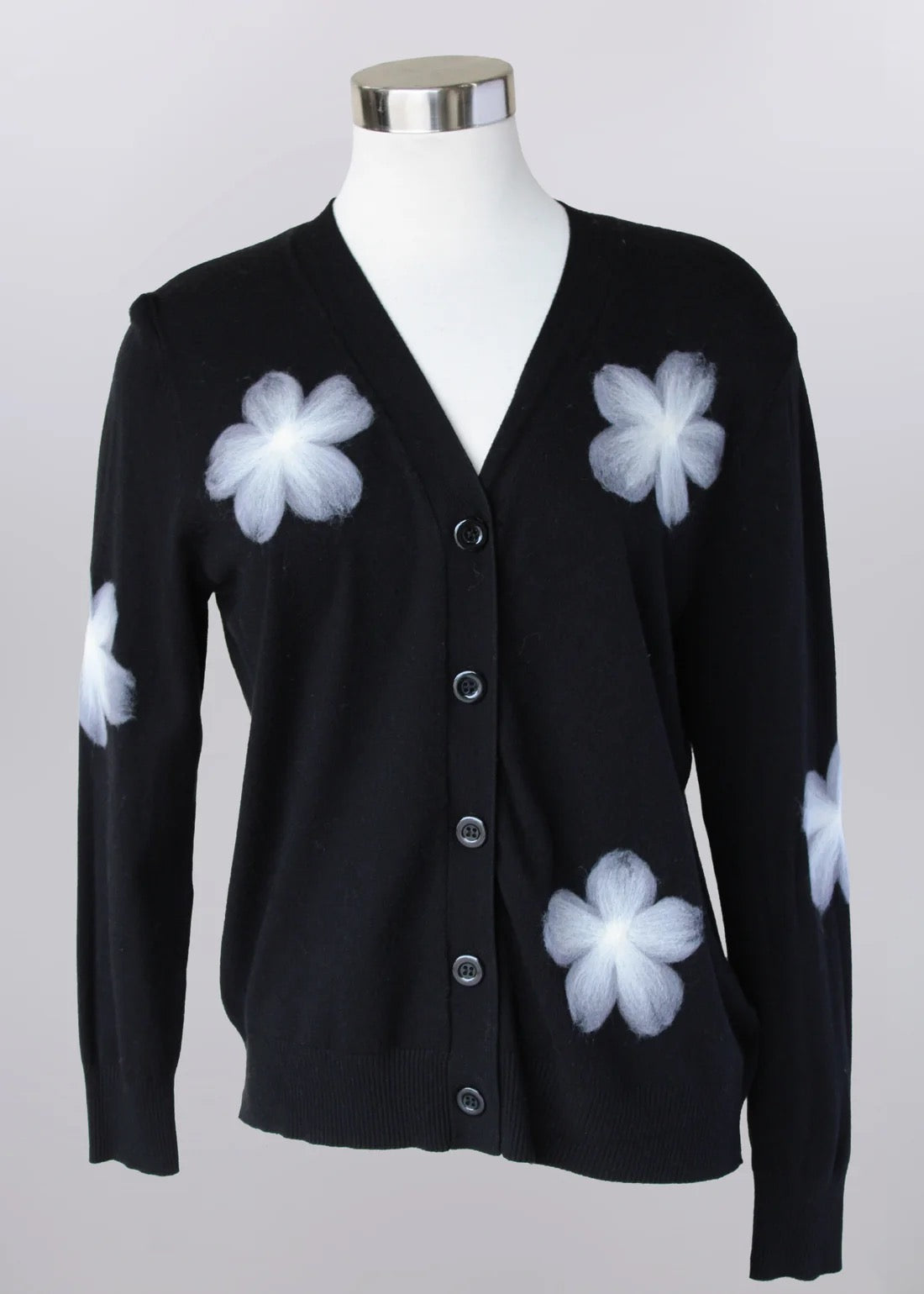 Black Cardigan with Feather White Flower