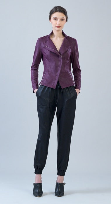 Classic Liquid Leather Knit Jacket in Plum
