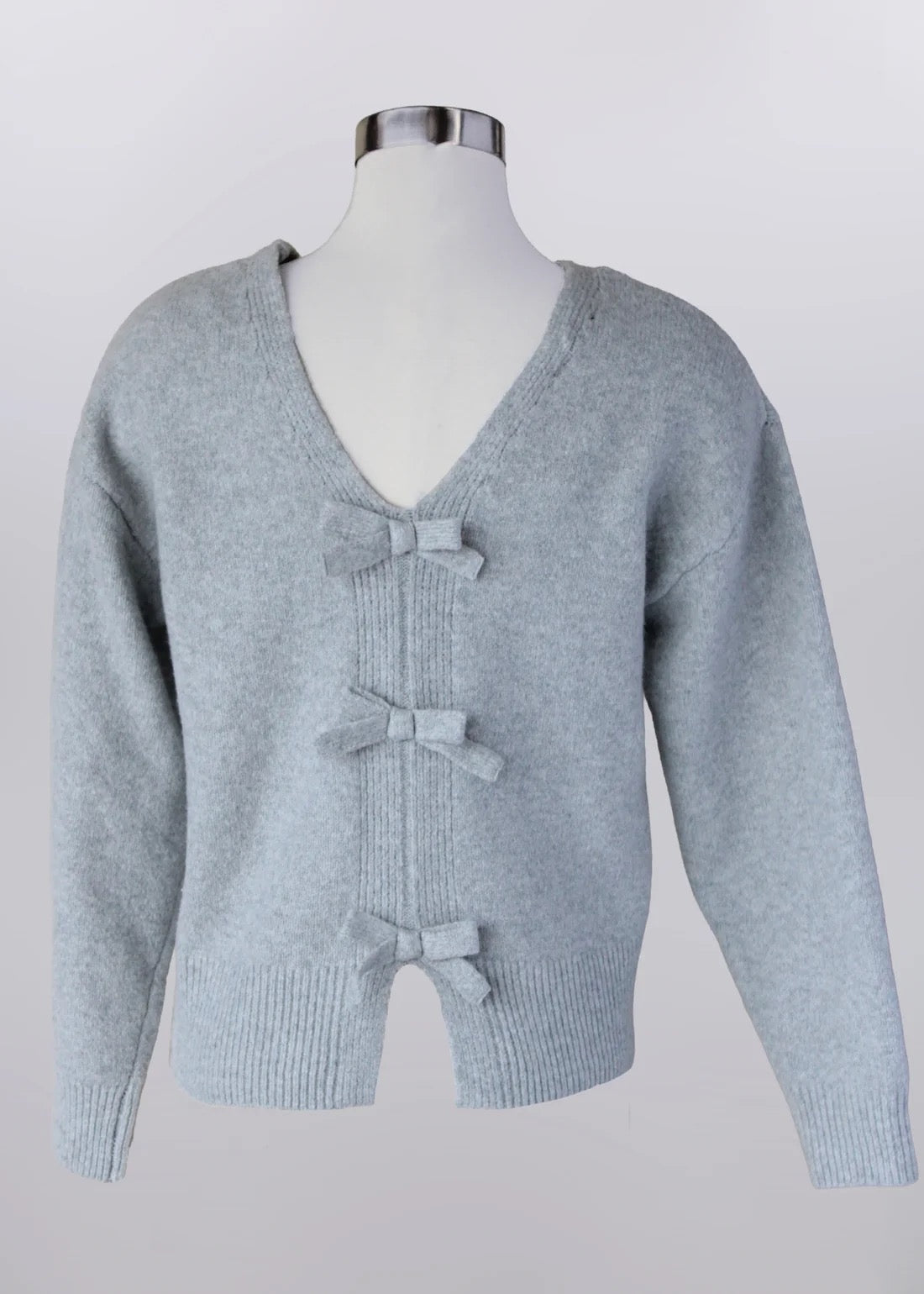 Gray pullover sweater with Bow Detail on Back