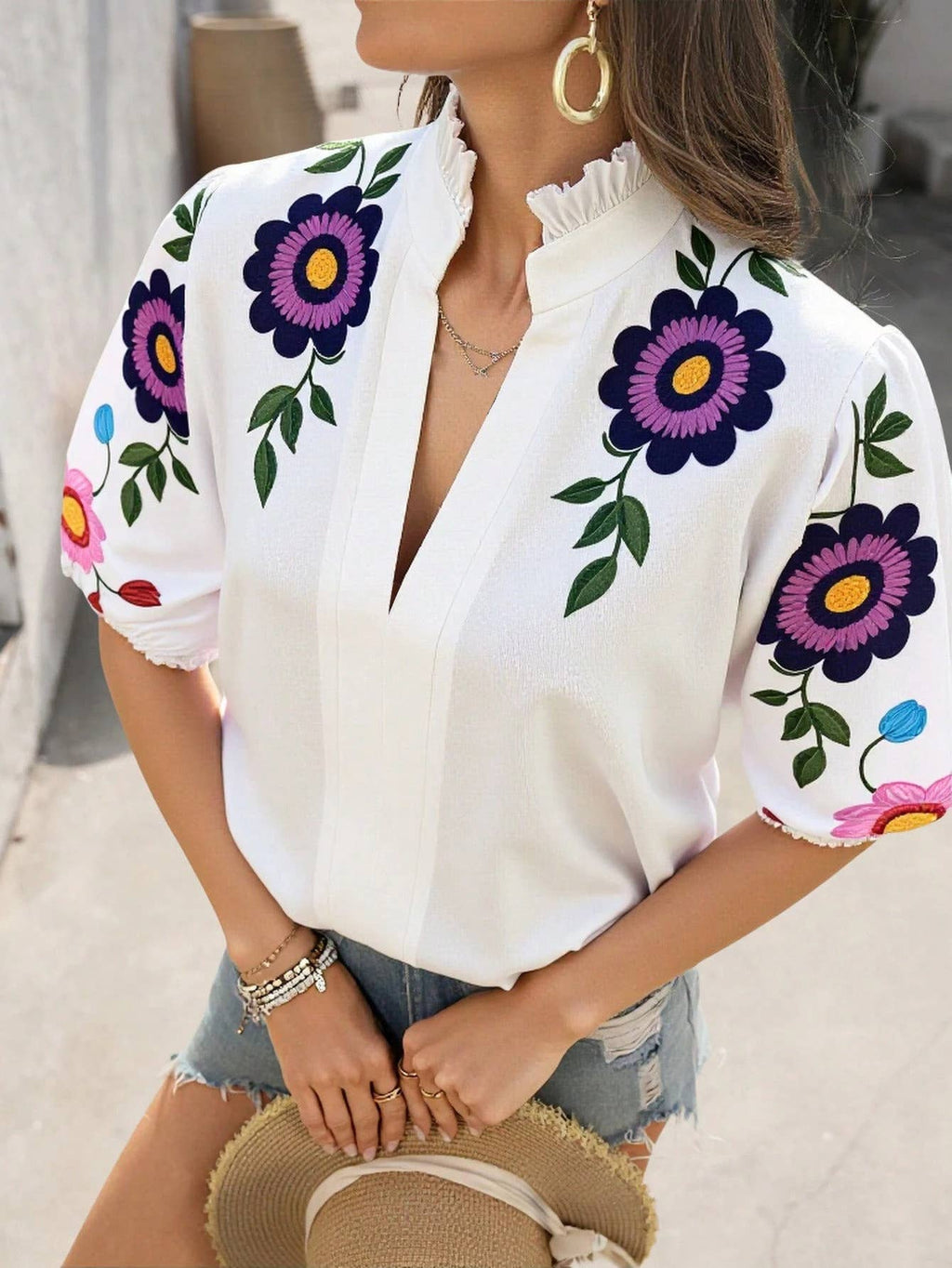 Charming Floral Embroidered Puff Sleeve Top