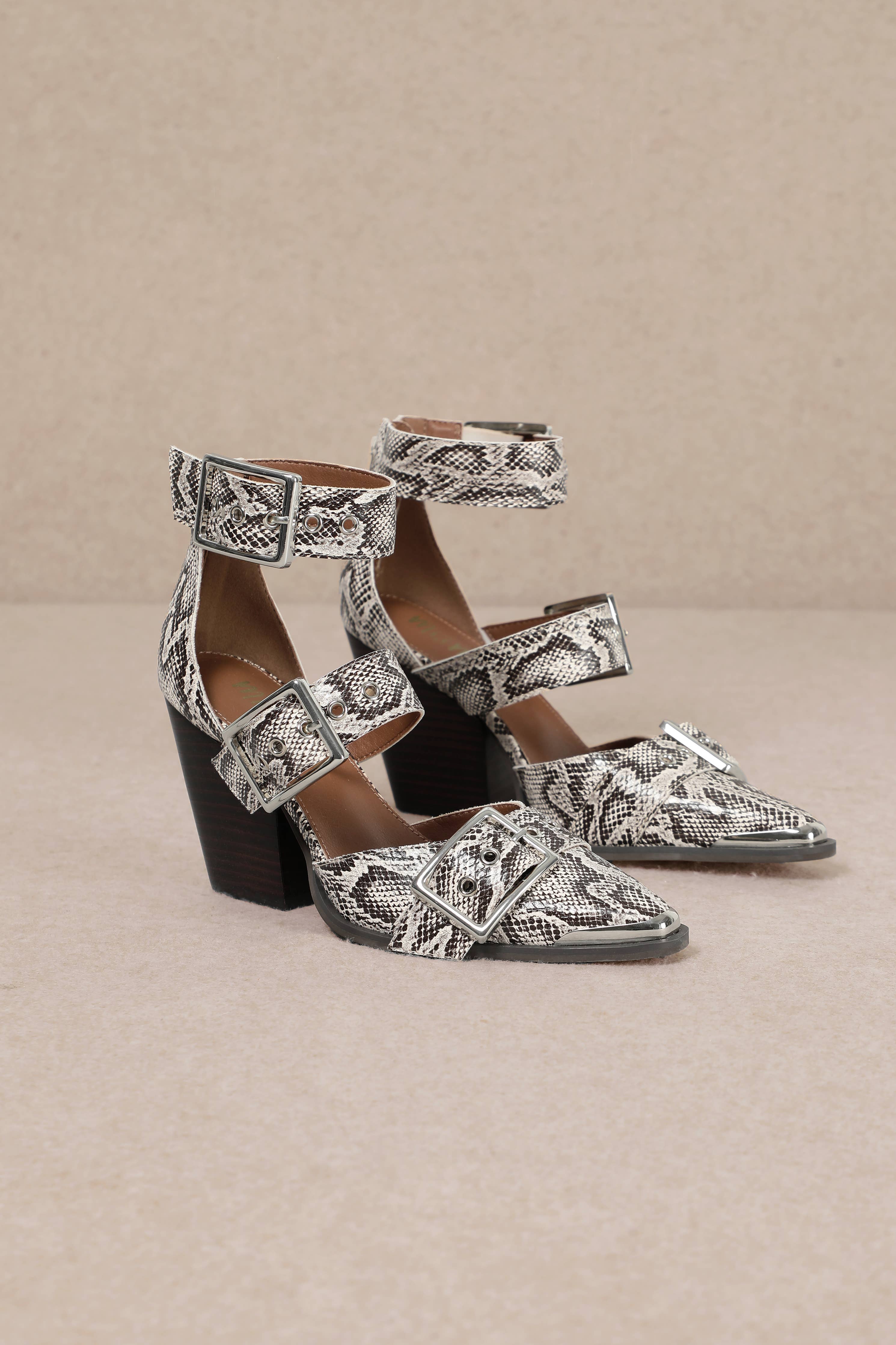 HENDRIX TRIPLE BELT STRAP POINTED TOE BLOCK HEELS