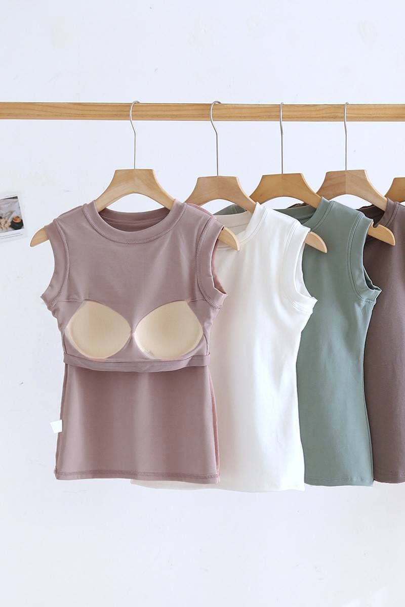 Basic cotton blend sleeveless R-neck tee self bra tank top