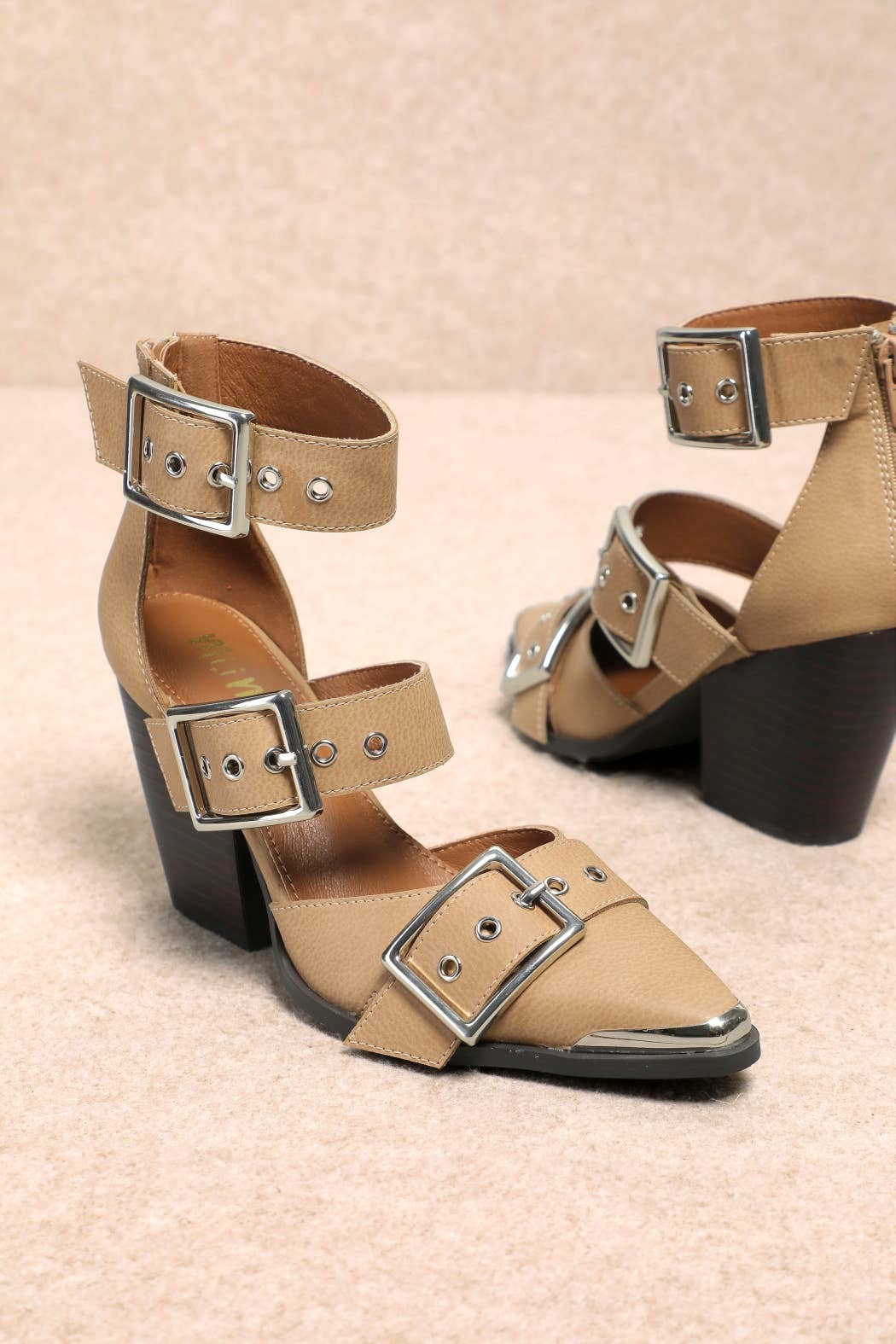 HENDRIX TRIPLE BELT STRAP POINTED TOE BLOCK HEELS
