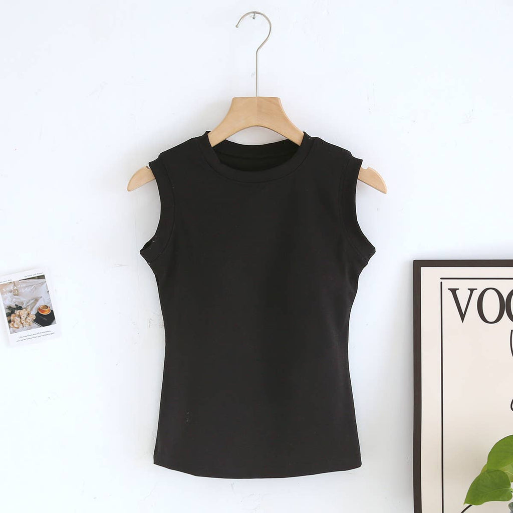 Basic cotton blend sleeveless R-neck tee self bra tank top