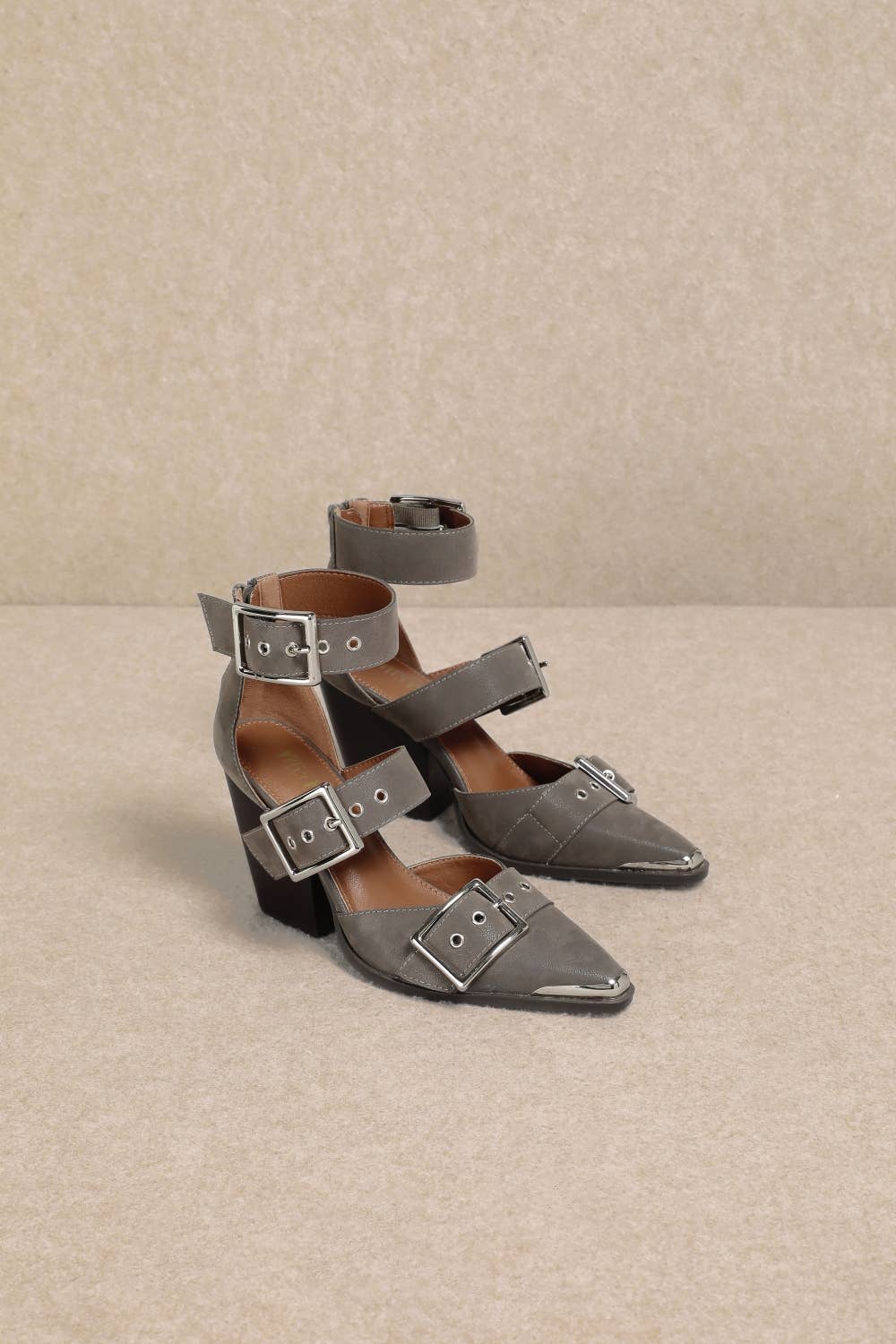 HENDRIX TRIPLE BELT STRAP POINTED TOE BLOCK HEELS
