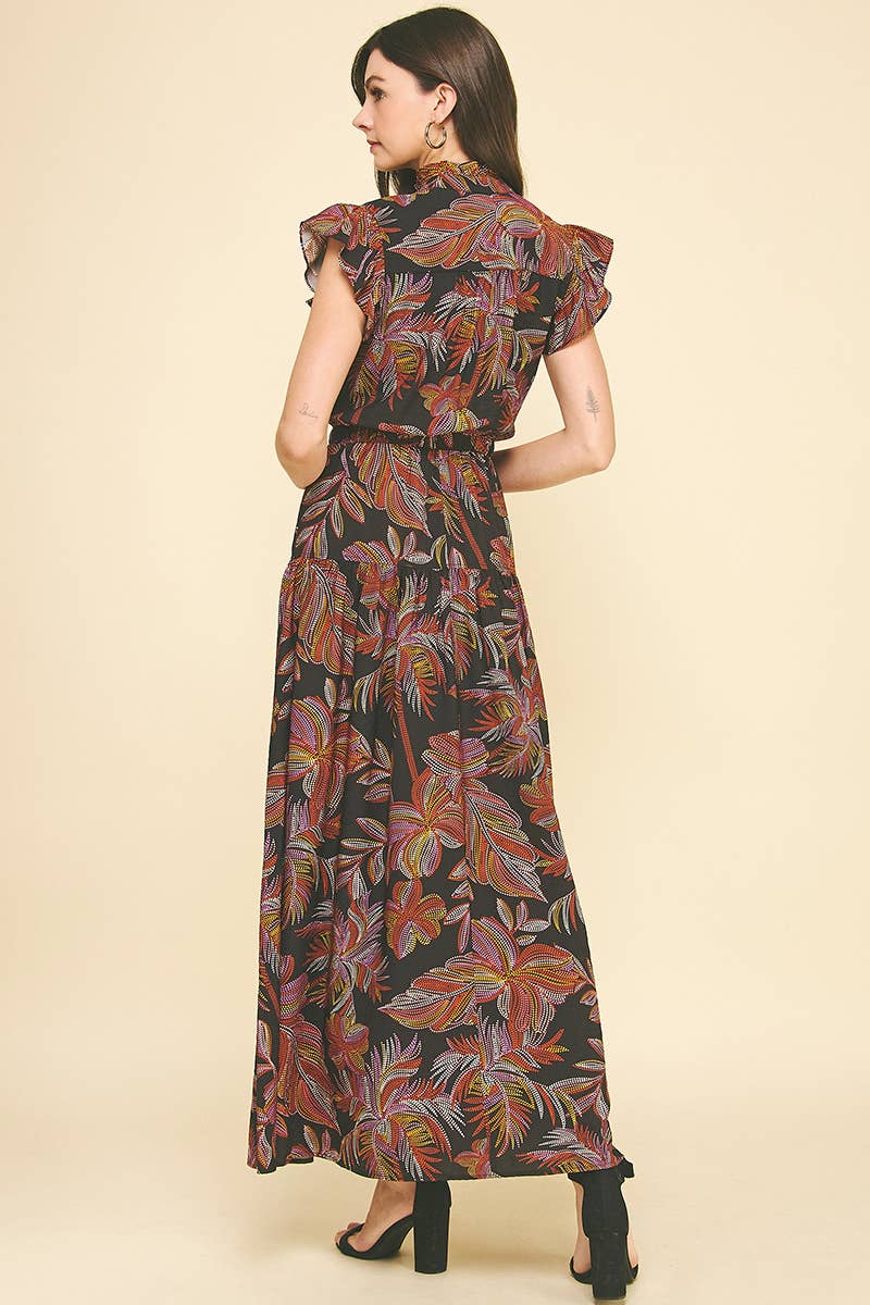 LEAF PRINT TIERED MAXI DRESS - 6398D