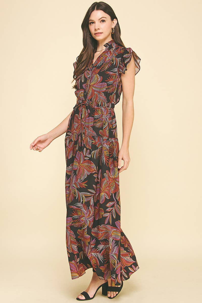 LEAF PRINT TIERED MAXI DRESS - 6398D
