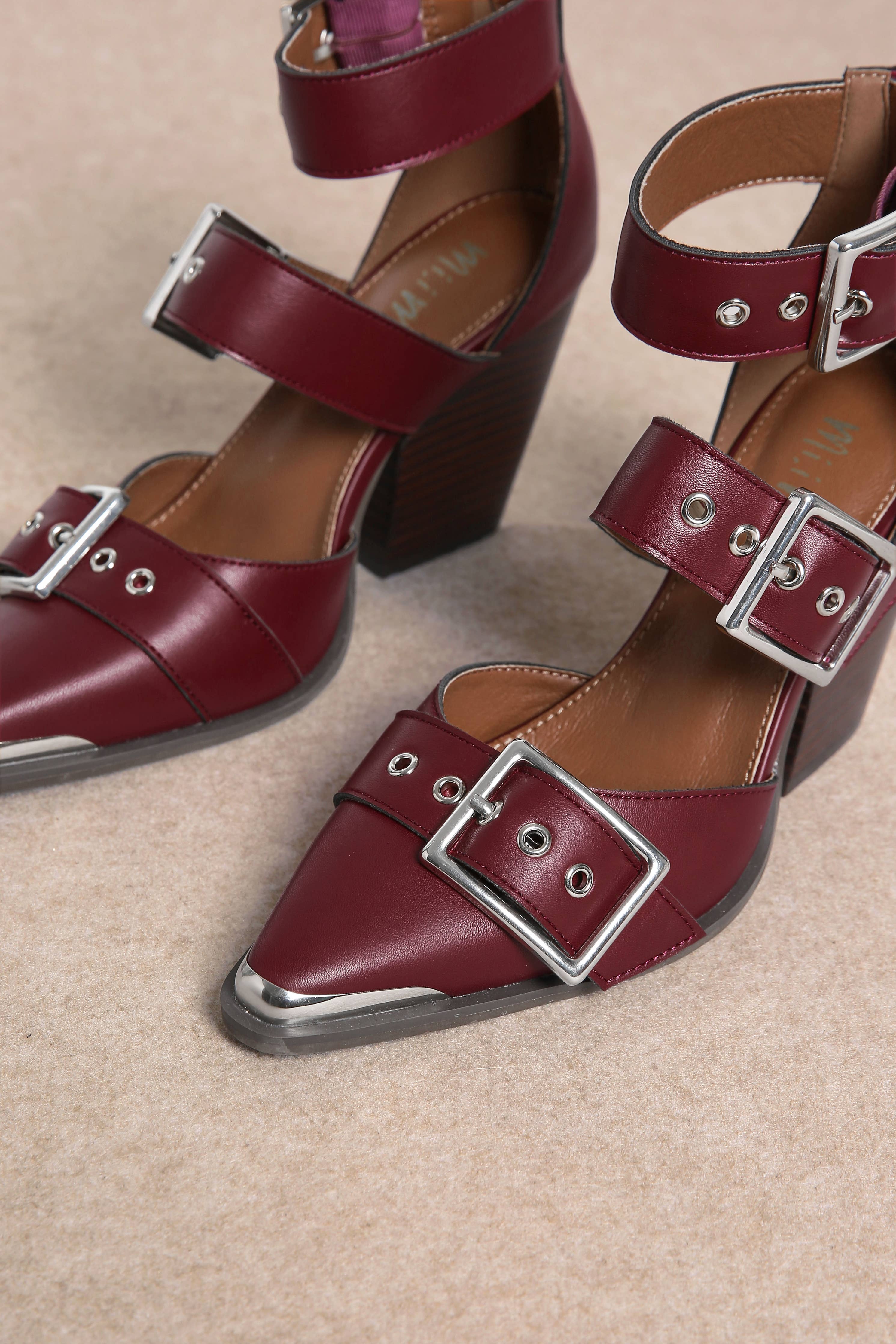 HENDRIX TRIPLE BELT STRAP POINTED TOE BLOCK HEELS