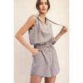 HEAVY POLY STRETCH WOVEN SLEEVELESS HOODIE ROMPER