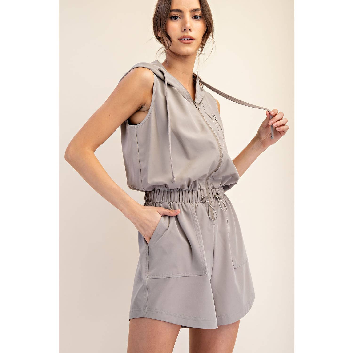 HEAVY POLY STRETCH WOVEN SLEEVELESS HOODIE ROMPER