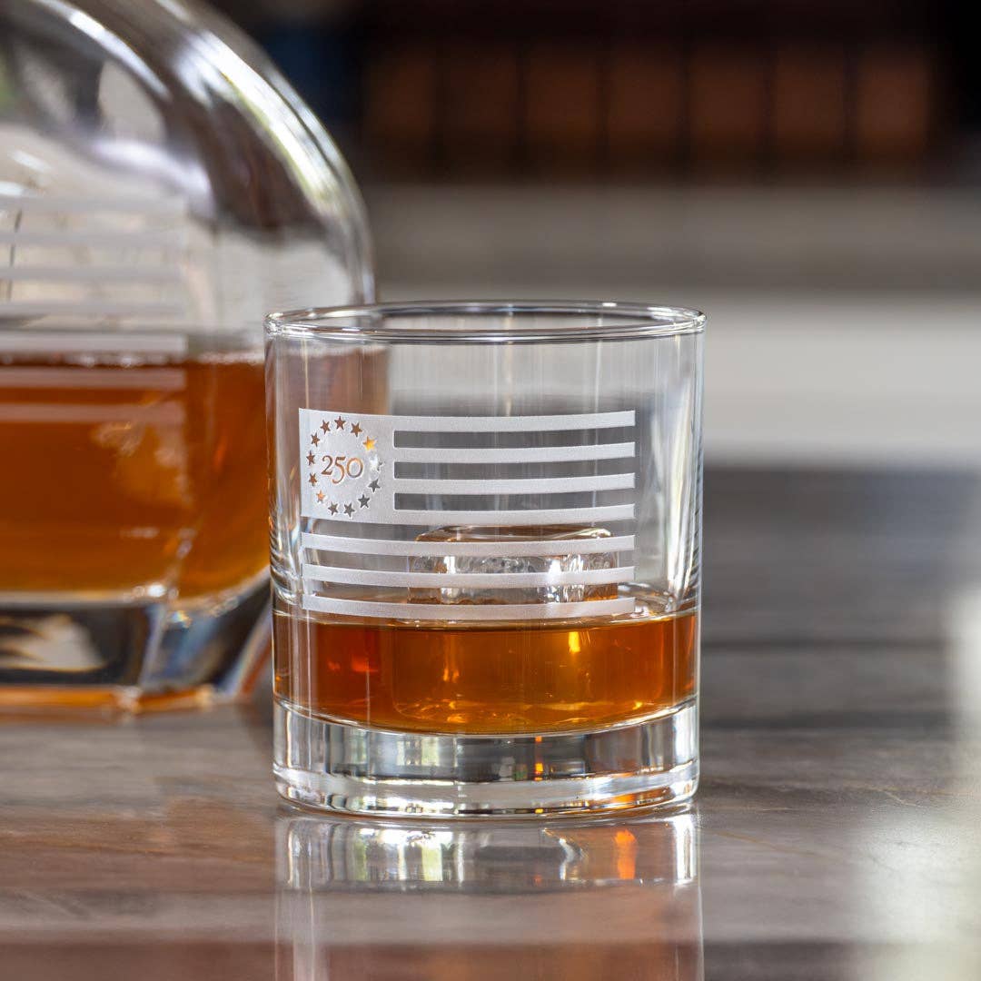 America250™ Betsy Ross Flag 3 Piece Gift Set | Whiskey Decanter and Rocks Glasses