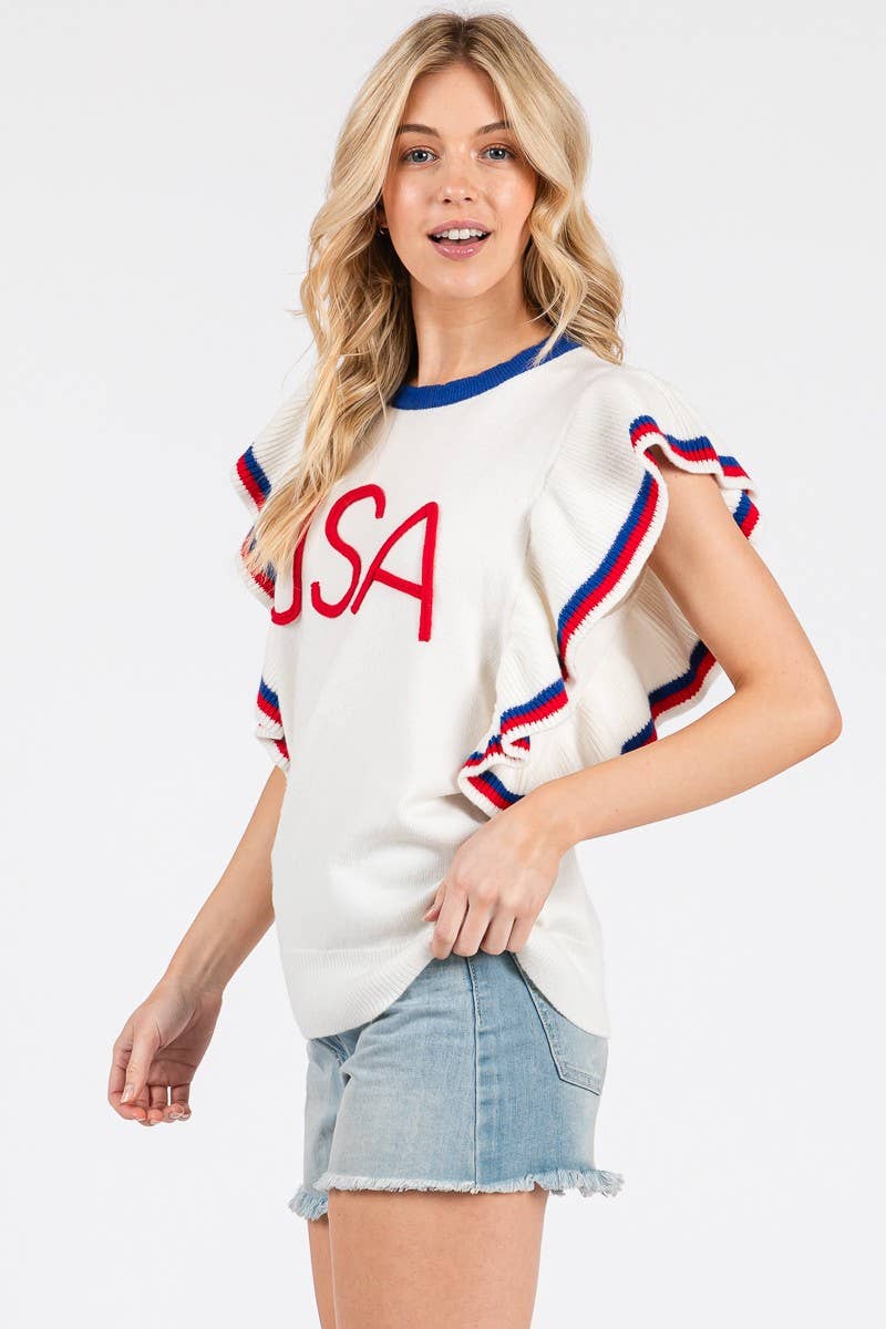 RUFFLE SLEEVE AMERICANA SWEATER TOP