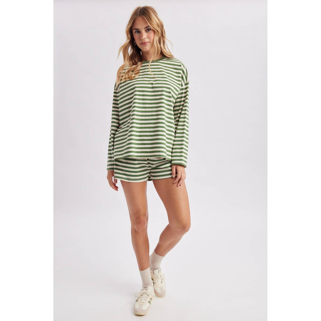 STRIPED KNIT LONG SLEEVE AND SHORTS SET