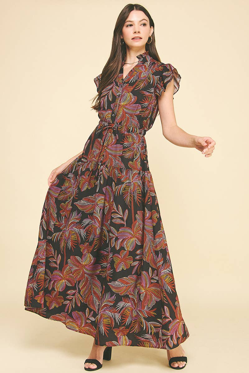 LEAF PRINT TIERED MAXI DRESS - 6398D