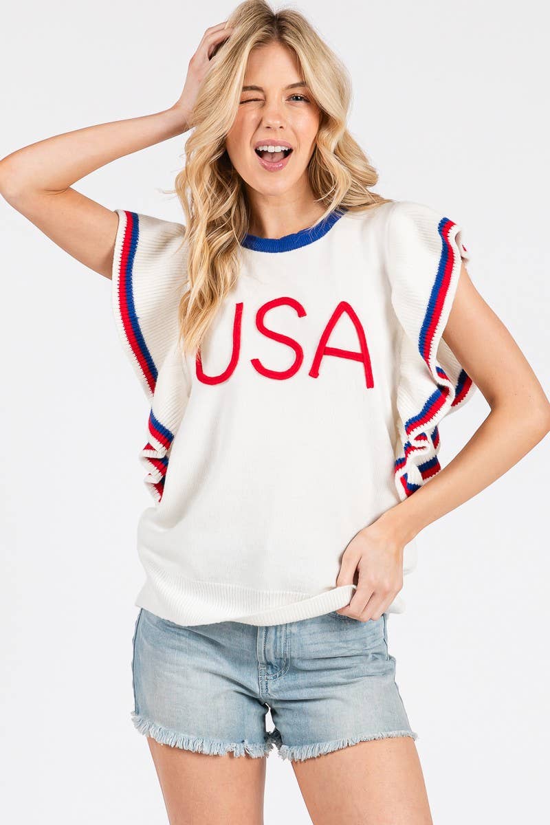 RUFFLE SLEEVE AMERICANA SWEATER TOP