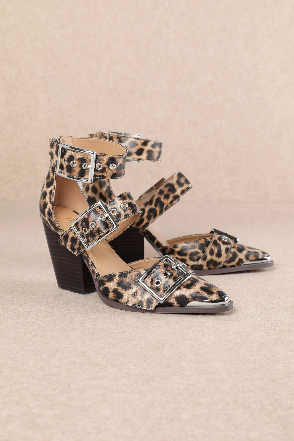 HENDRIX TRIPLE BELT STRAP POINTED TOE BLOCK HEELS