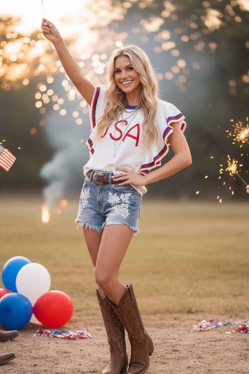 RUFFLE SLEEVE AMERICANA SWEATER TOP