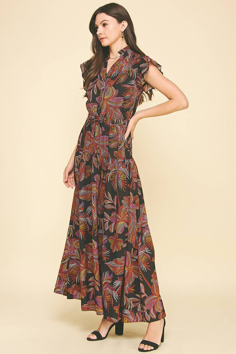 LEAF PRINT TIERED MAXI DRESS - 6398D