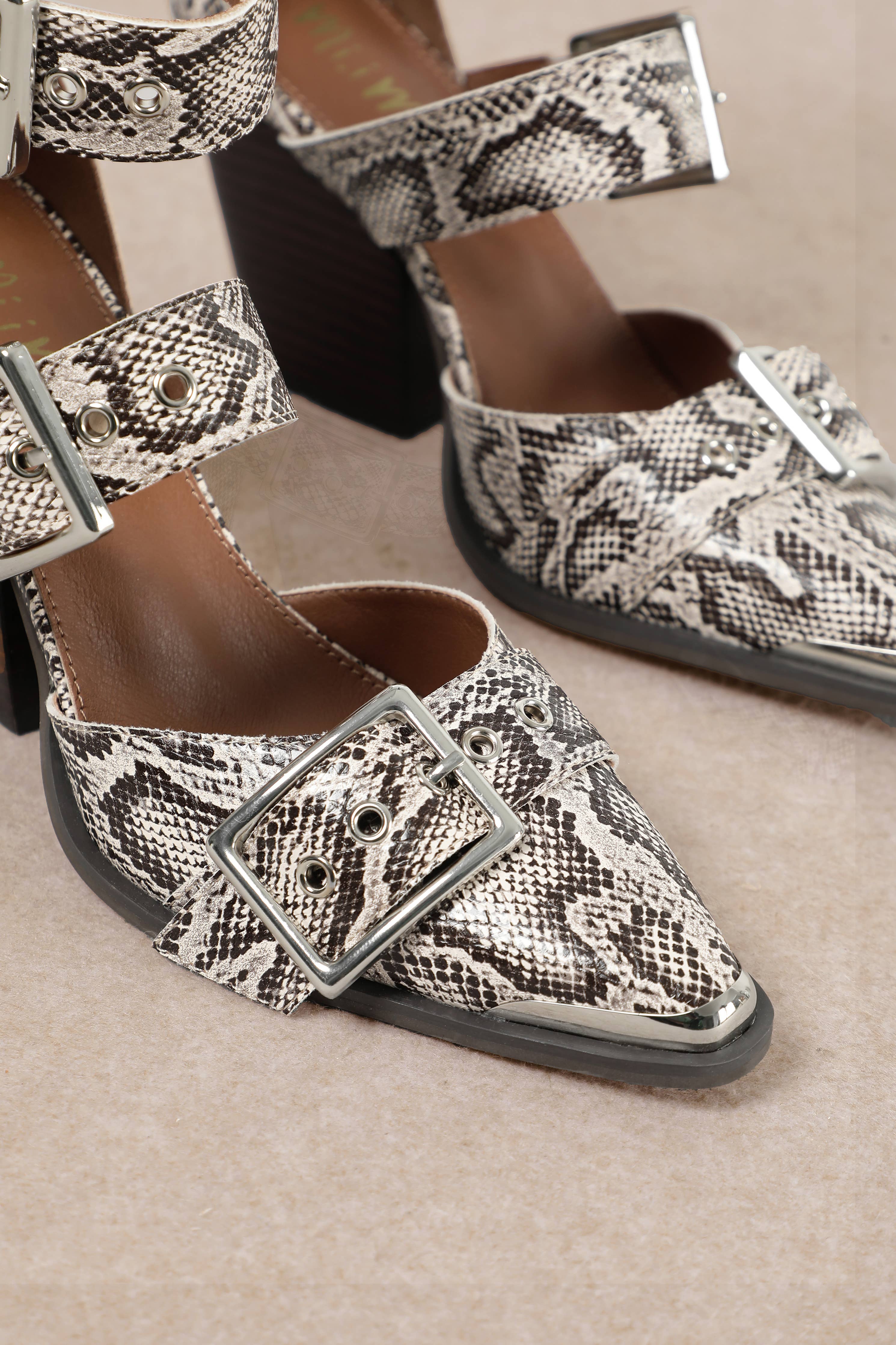 HENDRIX TRIPLE BELT STRAP POINTED TOE BLOCK HEELS