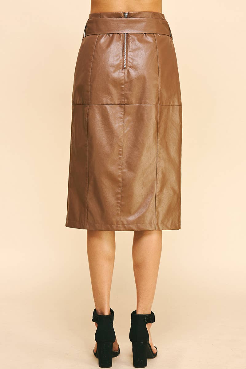 BELTED PU LEATHER MIDI SKIRT - BROWN