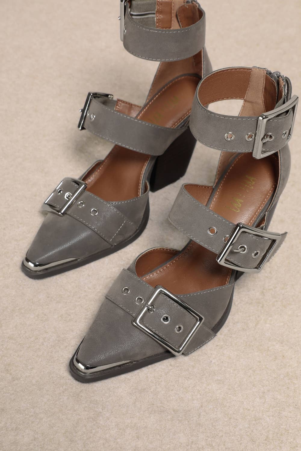 HENDRIX TRIPLE BELT STRAP POINTED TOE BLOCK HEELS