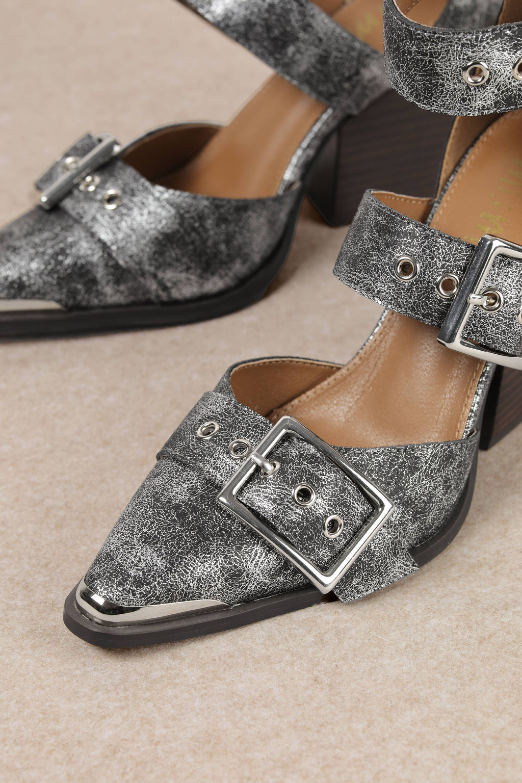 HENDRIX TRIPLE BELT STRAP POINTED TOE BLOCK HEELS