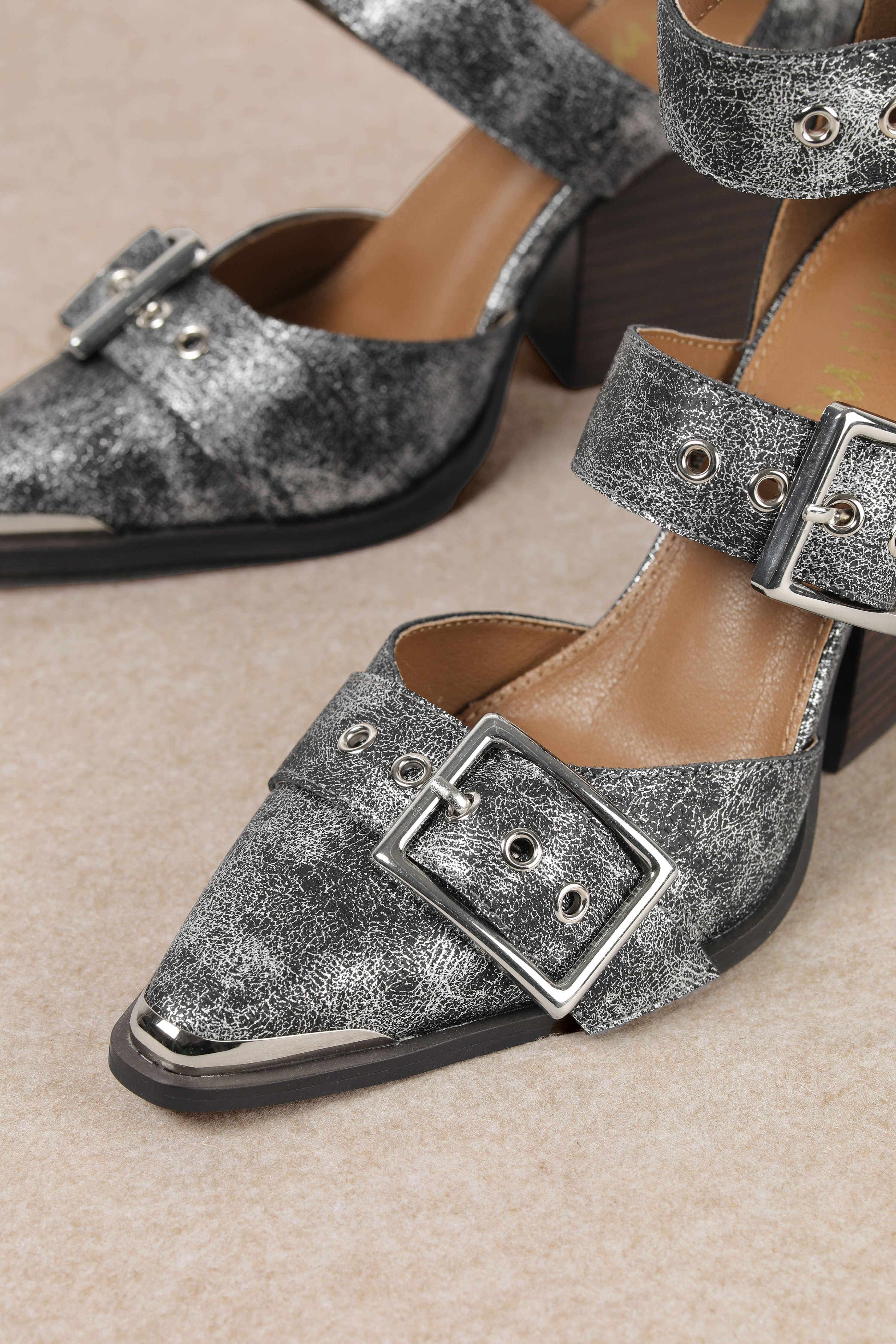 HENDRIX TRIPLE BELT STRAP POINTED TOE BLOCK HEELS