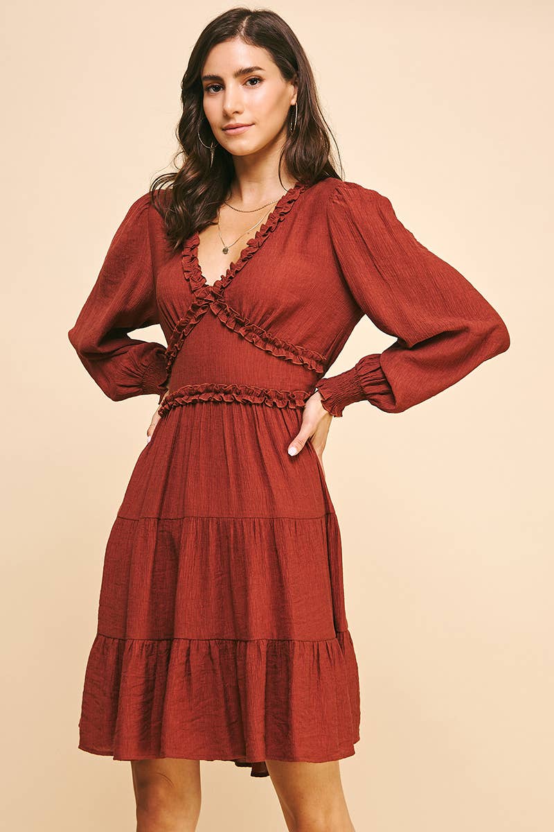 LONG SLEEVES RUFFLE MINI DRESS - 5566D
