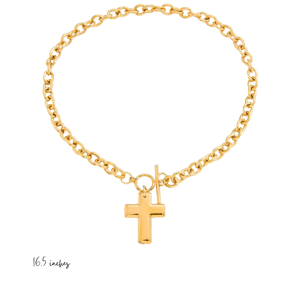 Solid Cross Toggle Necklace 18K Gold-Plated Non-Tarnish