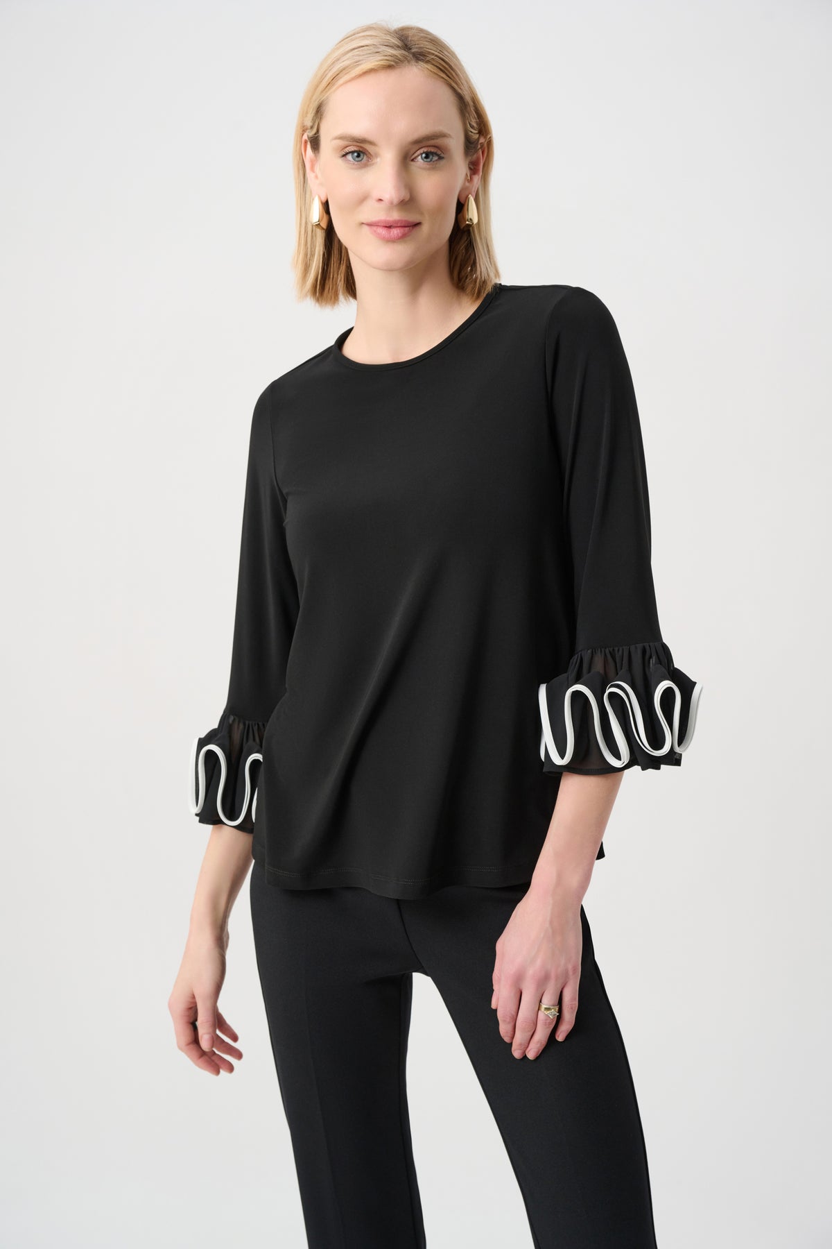 Silky Knit Ruffled Sleeve Top Black and White
