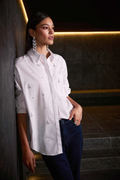 Stretch Poplin Boxy Blouse w/Rhinestones
