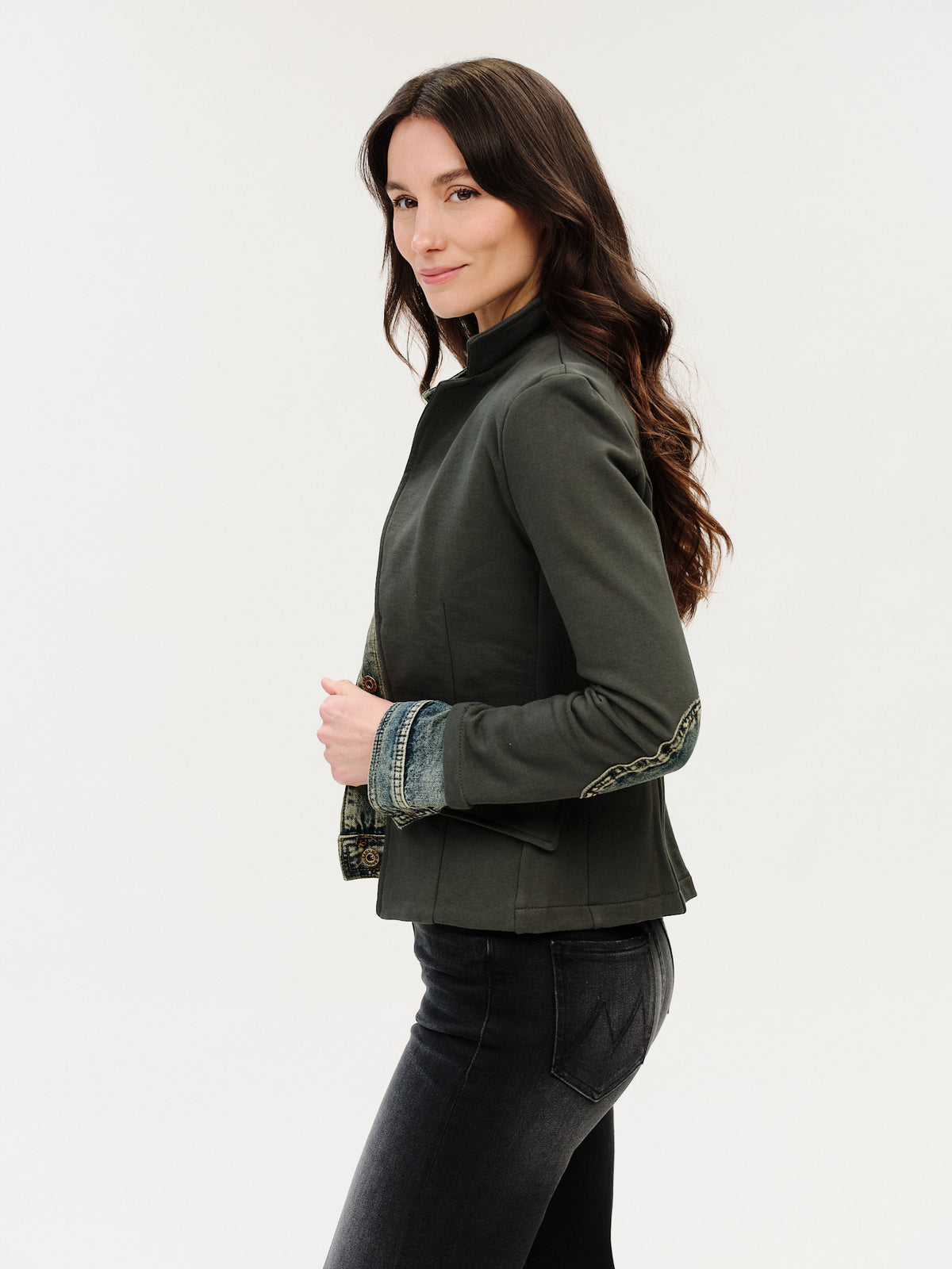 Mixed Media Denim Jacket | Clarissa Military Green