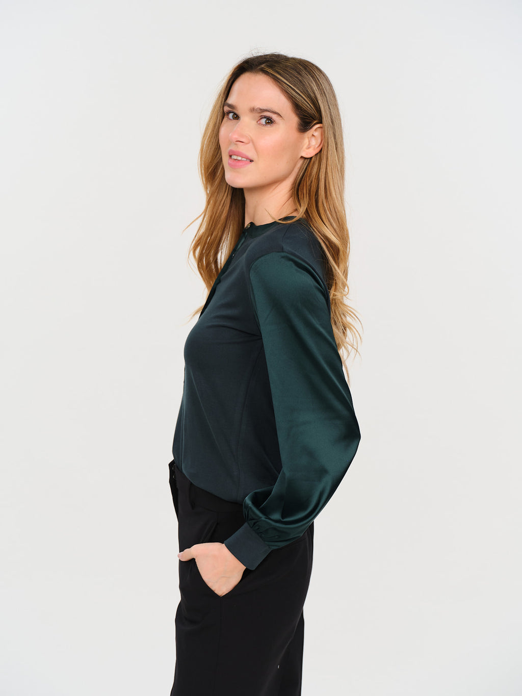 Ribbed Satin Sleeve Janie Top in Emerald
