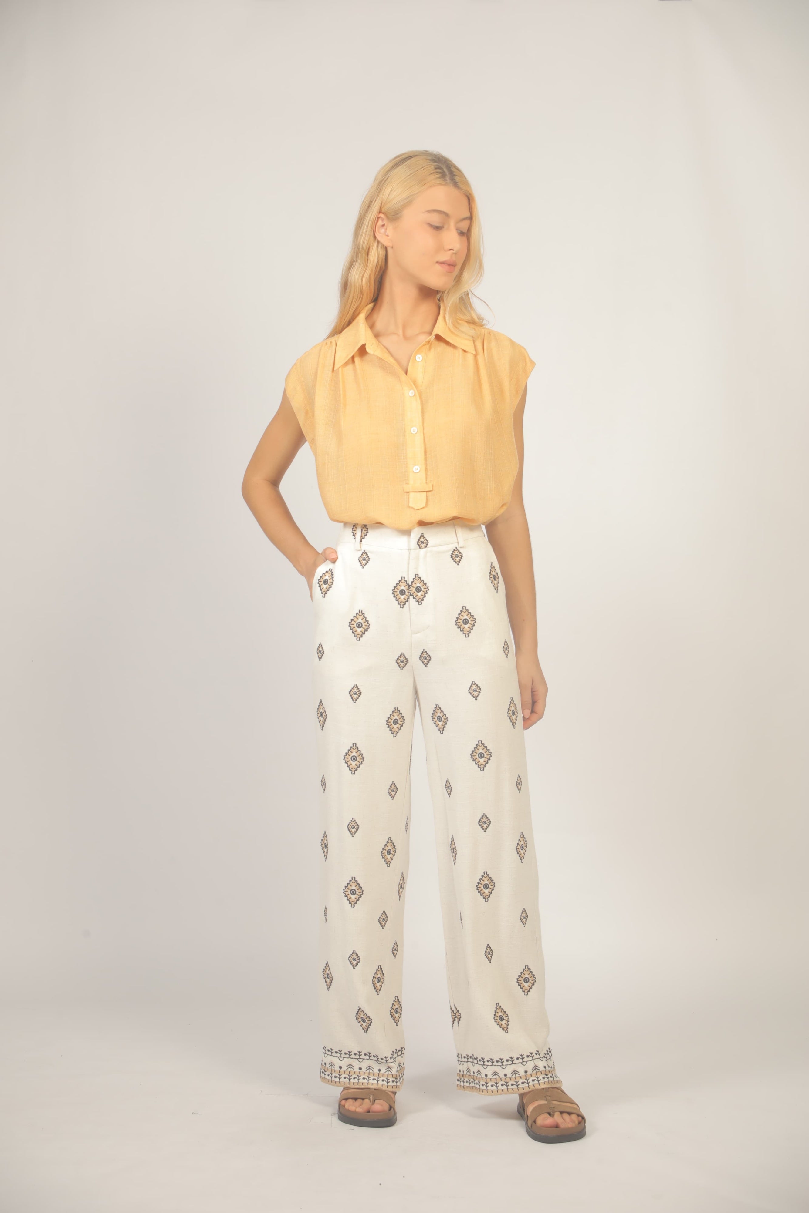 Linen Viscose Beige Aztec Pants