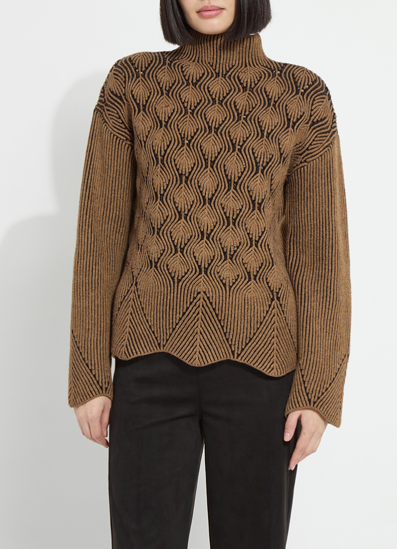 Rhea Cozy Rib Scallop Edge Pullover in Camel/Black