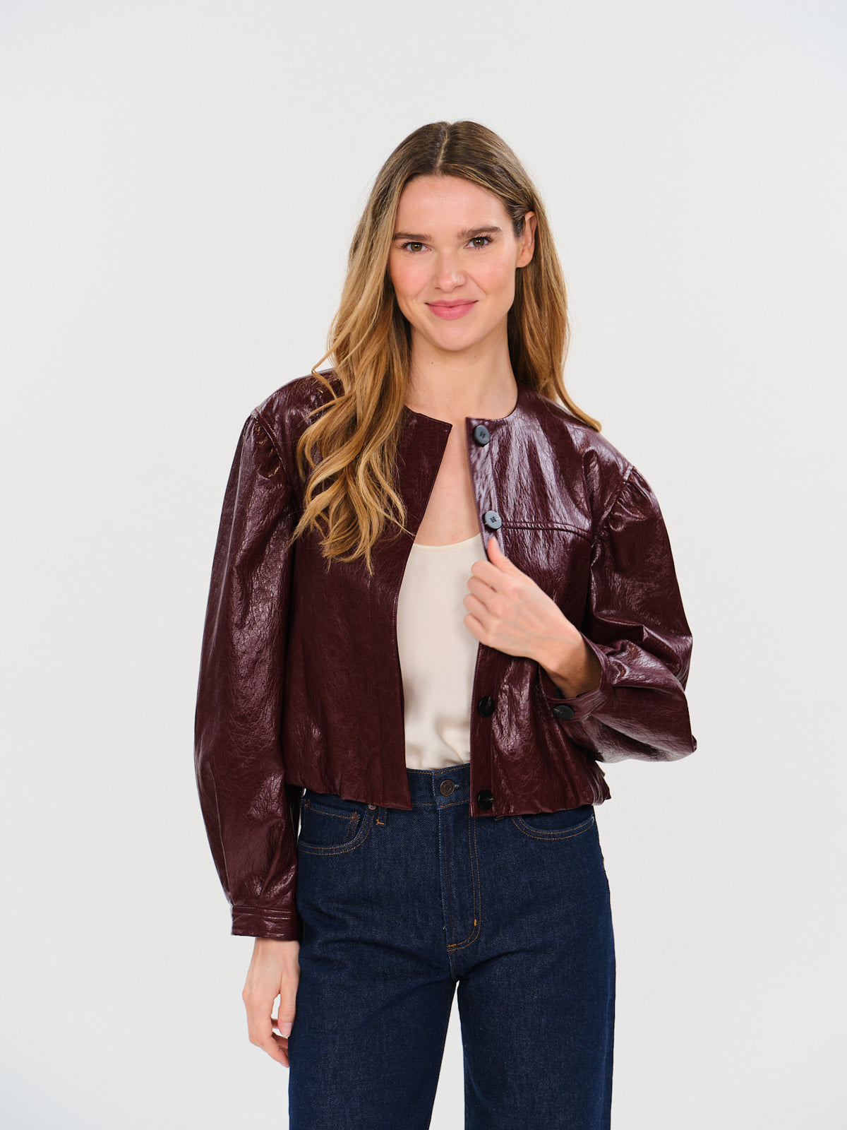 Emilia / Round Neck Faux Leather Bomber Jacket / Cabernet