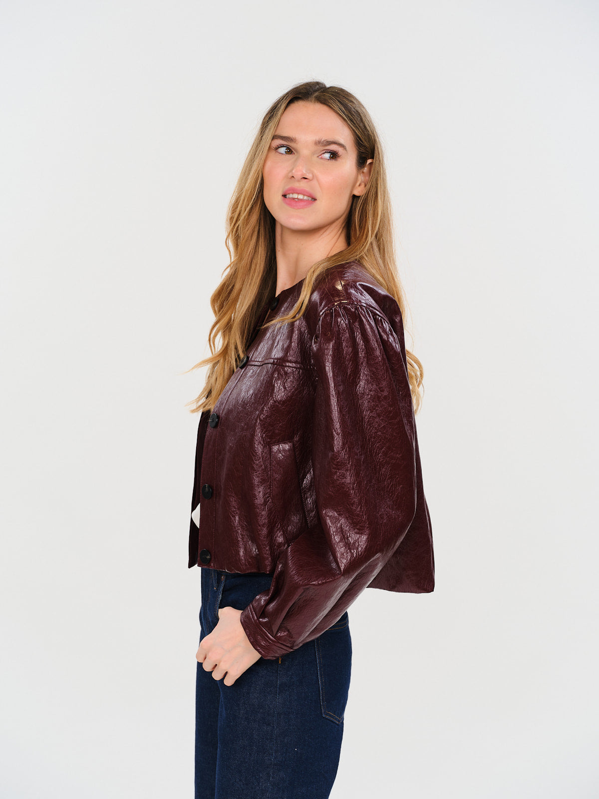 Emilia / Round Neck Faux Leather Bomber Jacket / Cabernet