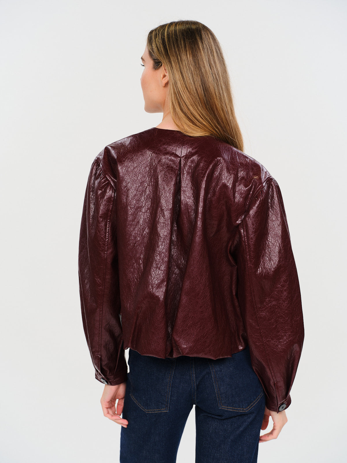 Emilia / Round Neck Faux Leather Bomber Jacket / Cabernet