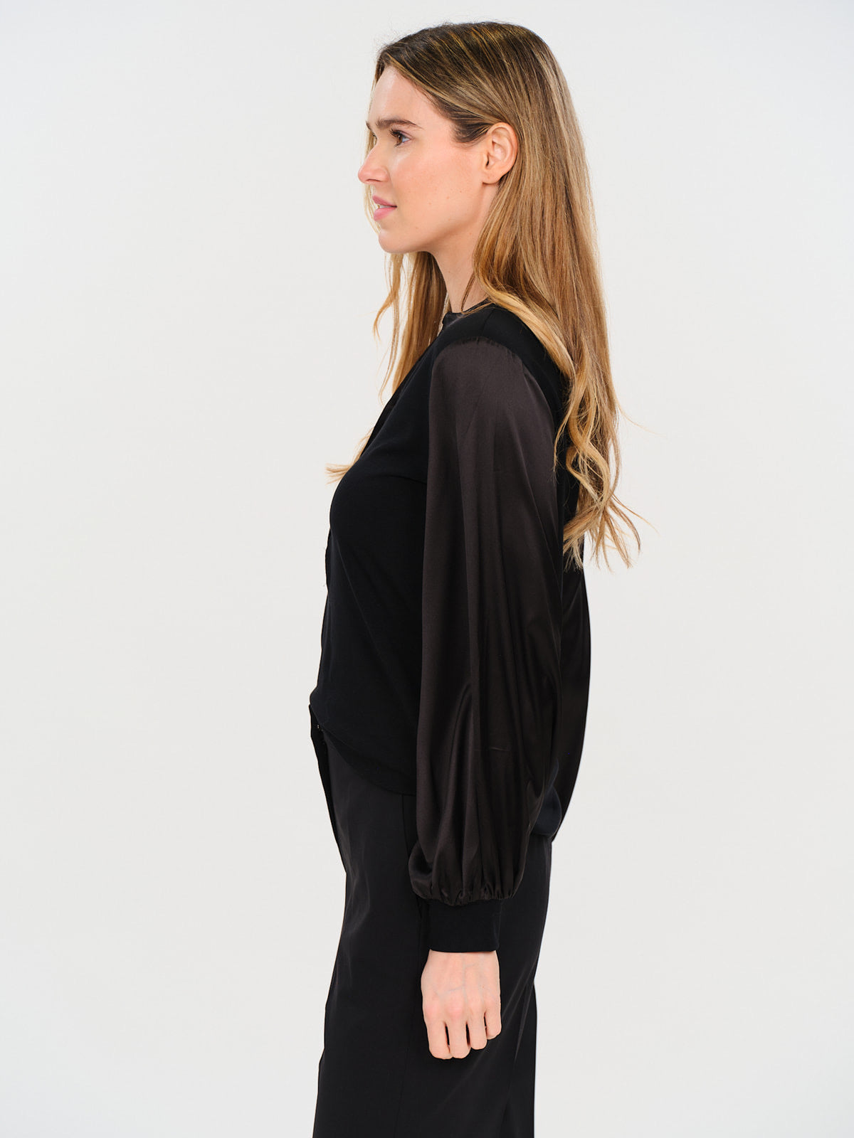 Ribbed Satin Sleeve Janie Top in Black