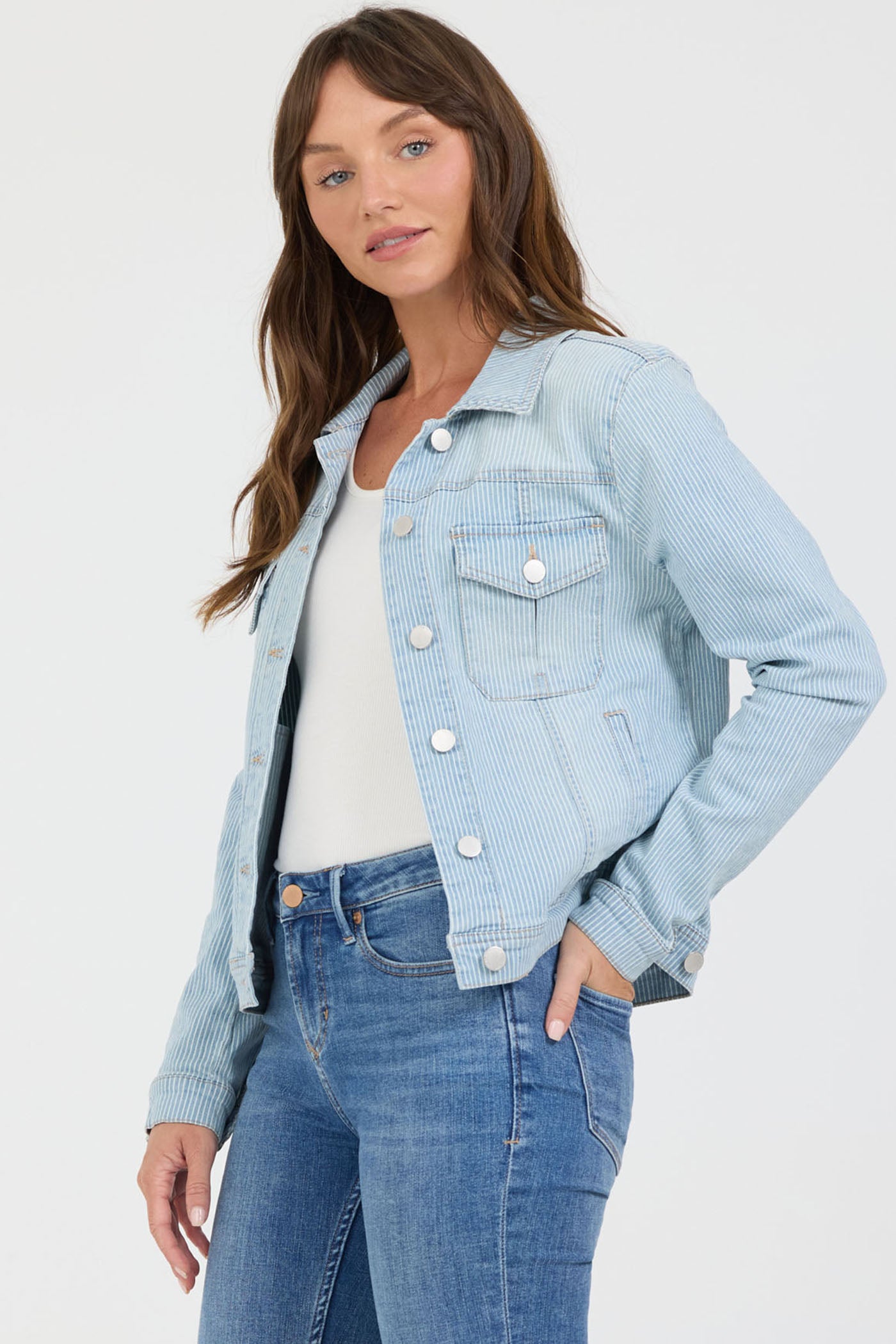 Ainsley Button Front Denim Jacket in Railroad Stripes