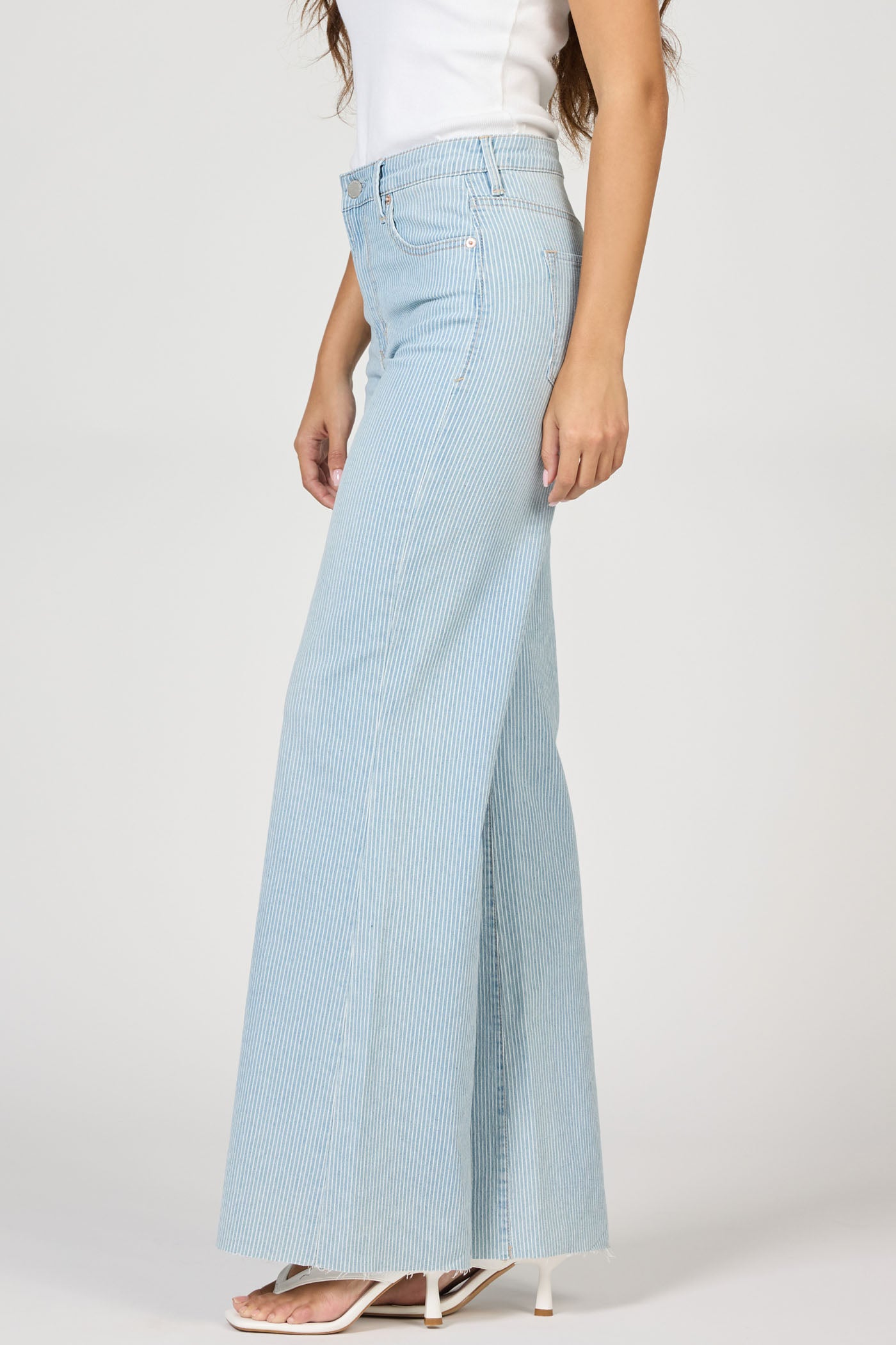 Fiona High Rise Cut Off Hem Denim in Railroad Stripes