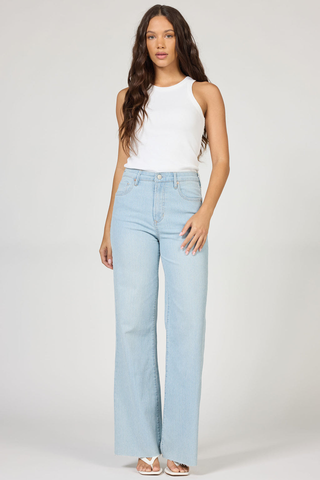 Fiona High Rise Cut Off Hem Denim in Railroad Stripes