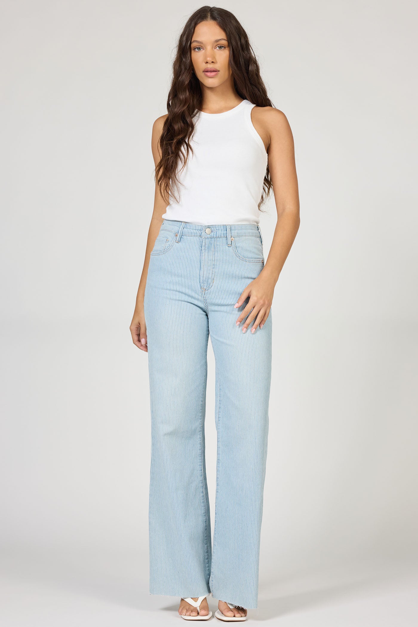 Fiona High Rise Cut Off Hem Denim in Railroad Stripes