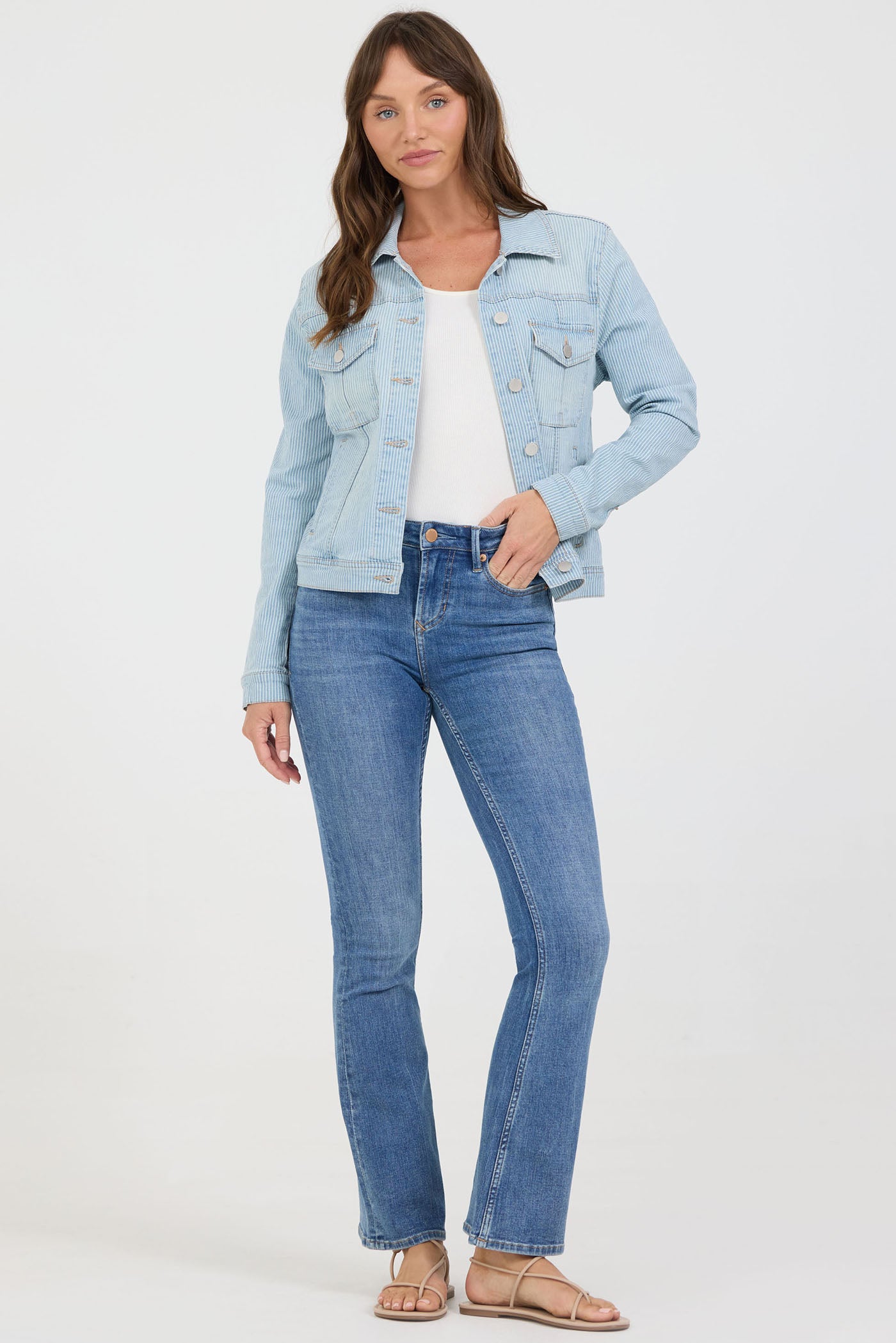 Ainsley Button Front Denim Jacket in Railroad Stripes